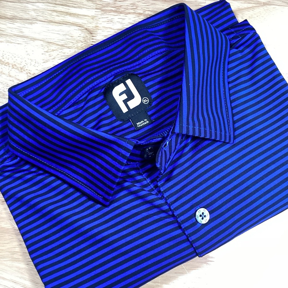 Men's Footjoy Short Sleeved Performance‎ Striped Golf Polo Royal Blue / Black XL